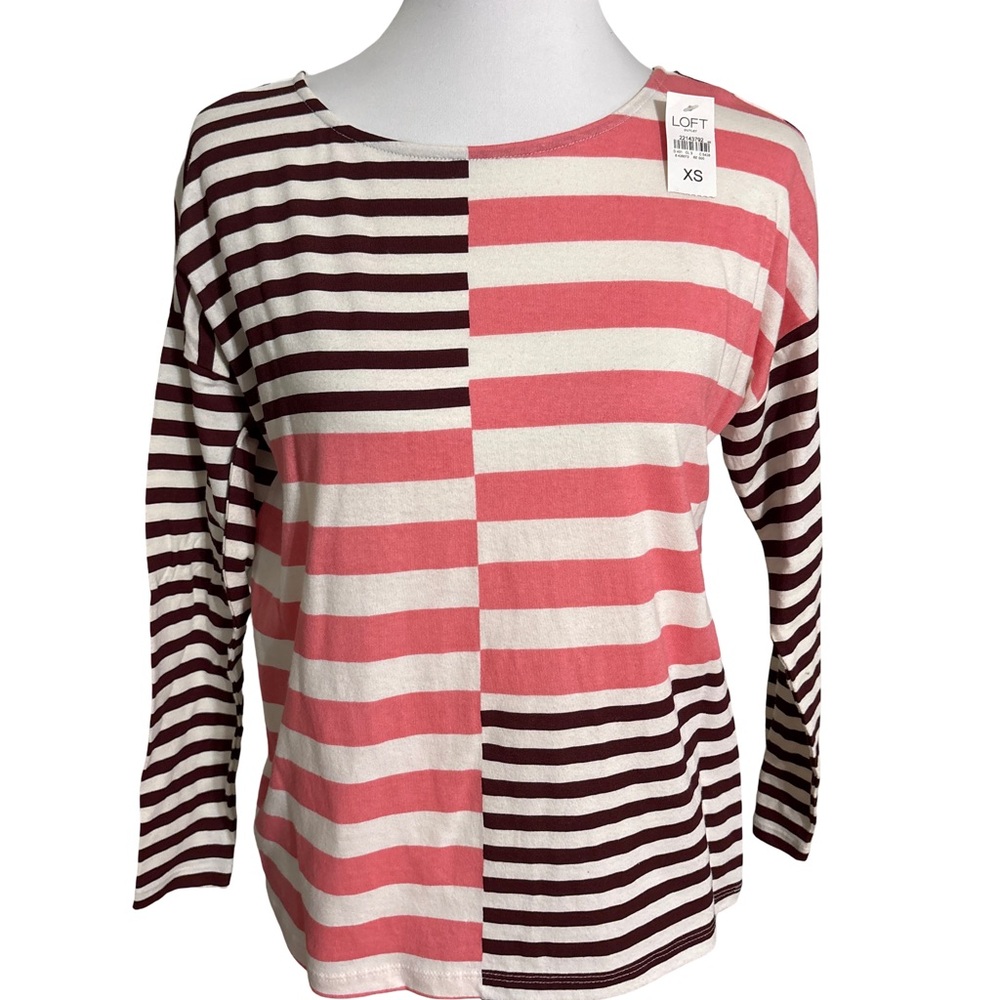 LOFT Women's Pink Brown Striped Long Sleeve Top